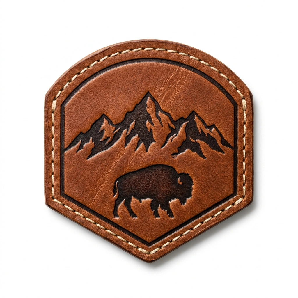 Custom laser engraved leather patches with perimeter stitch groove
