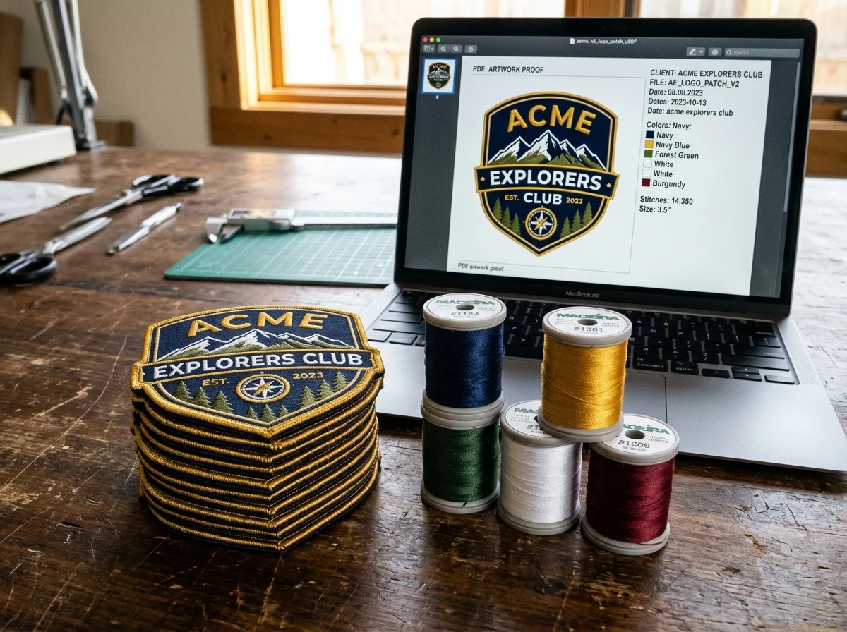 Stack of finished custom embroidered patches with Madeira thread spools and digital artwork proof