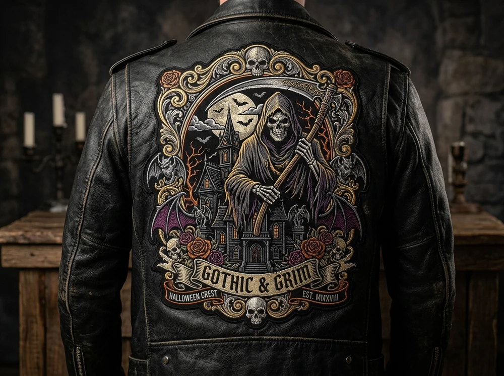 Custom Halloween embroidered back patch on biker leather jacket